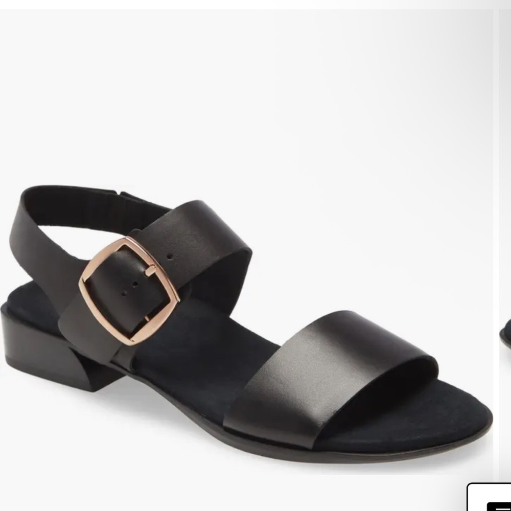 Munro Cleo Sandal black leather flats straps gold buckle minimalist 11